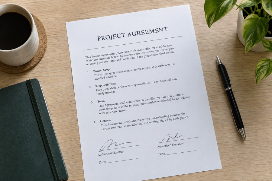 Sample signed project agreement photographed on a desk
