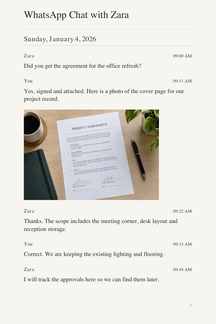 ChatExportPro Book style PDF with cream pages, serif typography and clear date headings