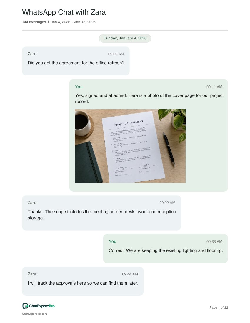 ChatExportPro Chat style PDF with muted blue and green bubbles with clear date headings