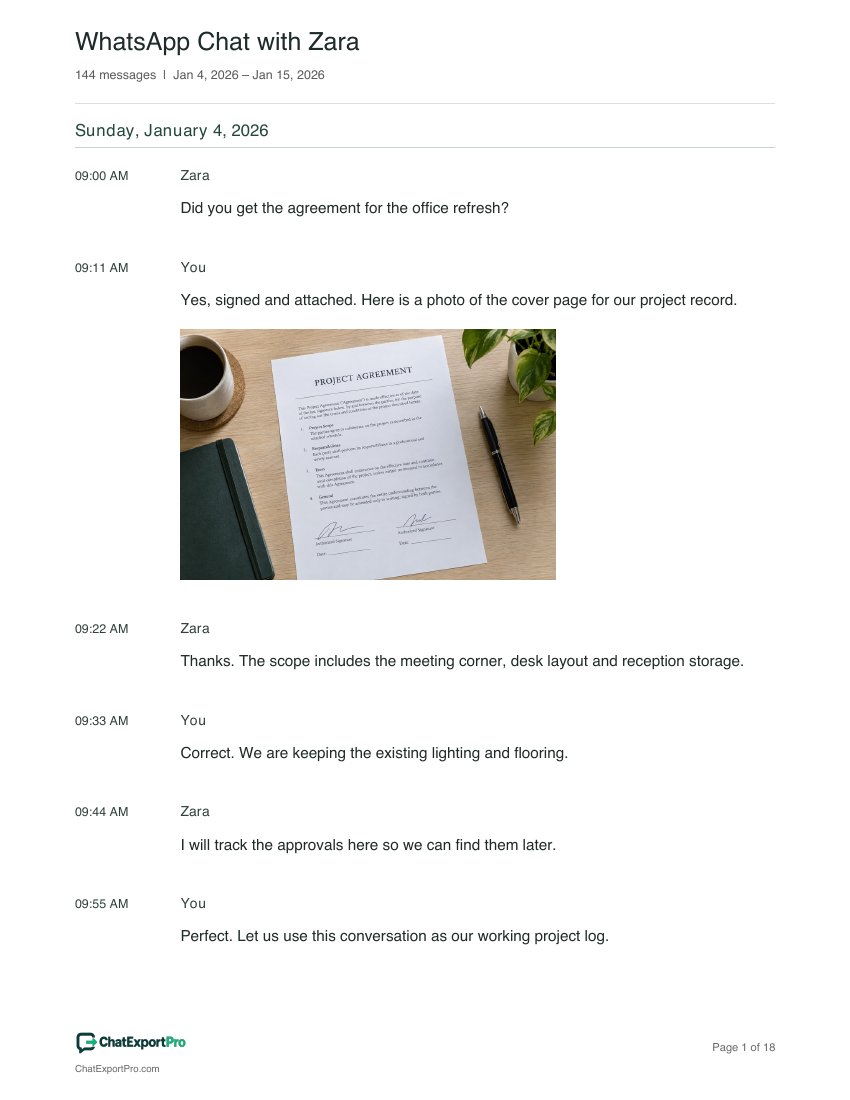 Sample WhatsApp conversation in clean PDF style