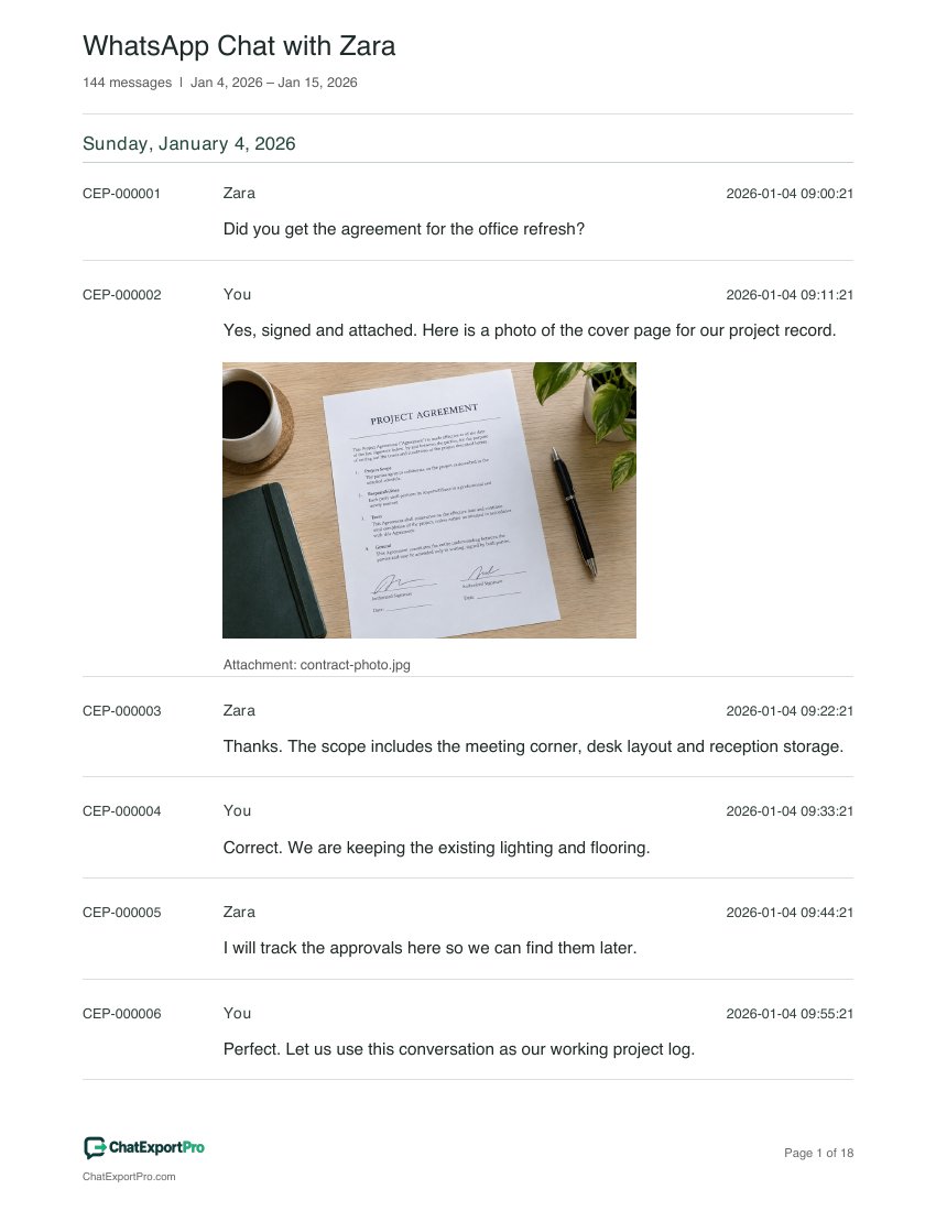 ChatExportPro Legal style PDF with numbered entries and a date and time on every record